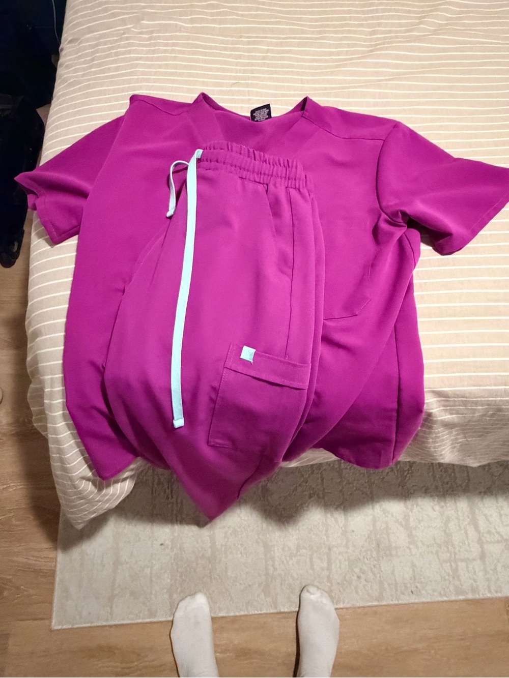 Unisex Fuchsia Scrub Set with Light Blue Drawstring
